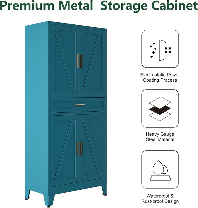 Bevivog 71" Kitchen Pantry Cabinet, Metal Storage Cabinet with Drawer, 2 Doors and 4 Adjustable Shelves Cabinet for Home Office Laundry Living Room Farmhouse Blue Metal Pantry