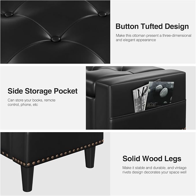 60" Storage Ottoman Bench, Faux Leather Upholstered Bed Bench with Tufted Buttons and Nailhead Trim, Large Ottoman with Storage for King Size End of Bed, Bedroom, Entryway, Hallway (black)