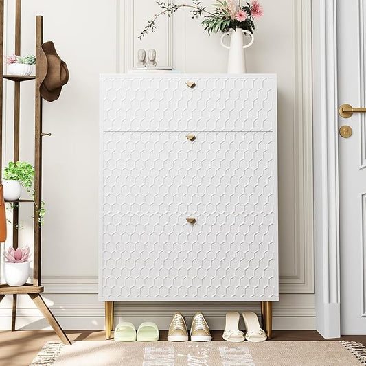 Boyel Living 3 Flip Drawers Free Standing Shoe Racks,Modern Shoes Cabinet with Brass Knobs and Legs, 24 Pair for Entryway (White