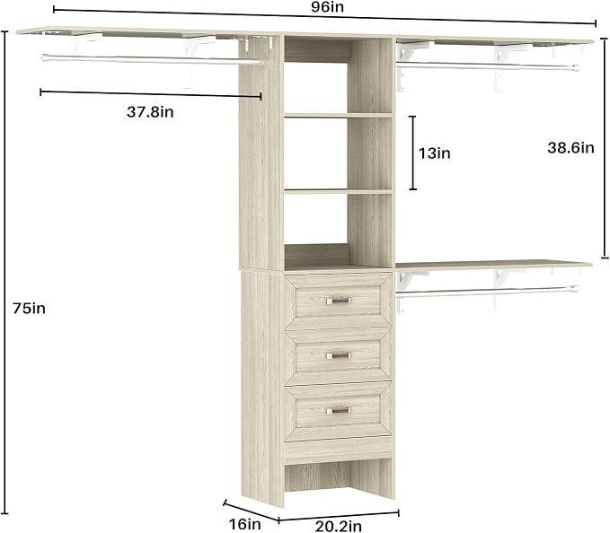 8FT Closet System with 3 Curved Drawers, 96'' Wooden Walk-in Closet Organizer with 3 Top Shelves, Adjustable Organizer System with 3 Hanging Rods, Built-in Wardrobe Storage Rack for 4-8 ft, White Oak
