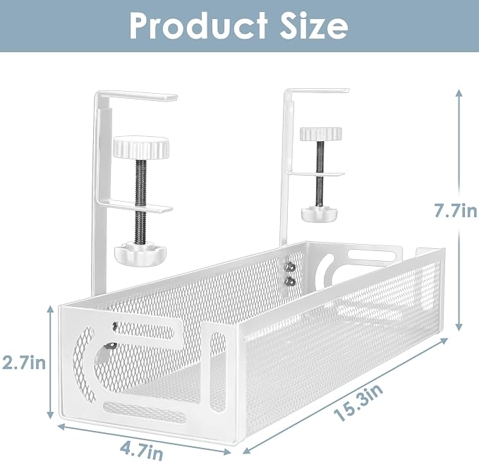 Cable Management Under Desk, Under Desk Cable Management Tray | No Drill Cable Tray, Metal Mesh Cord Organizer, cable organizer with Clamp for Standing Desk, Desk Organizer for Home Office