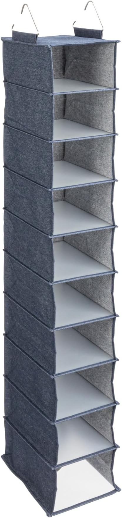 Household Essentials Hanging Narrow Cotton Blend and Plastic Closet Organizer with 10 Storage Shelves, Denim
