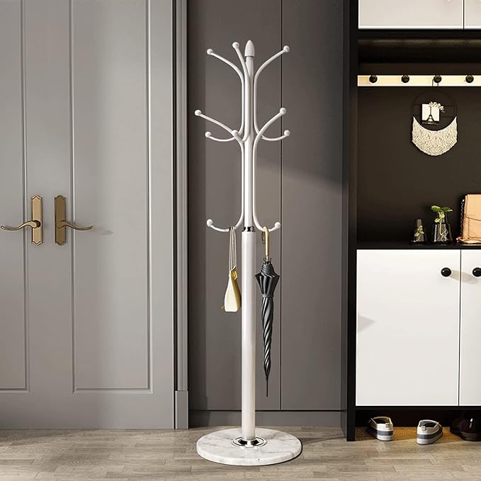 Kertnic Freestanding Coat Rack Stand, Heavy Duty Metal Hall Tree with 12 Hooks, 70 Inch Tall Stable Coat Hanger with 14.6" Natural Marble Base, Entryway Organizer for Coats Bags Hats Purses (White)