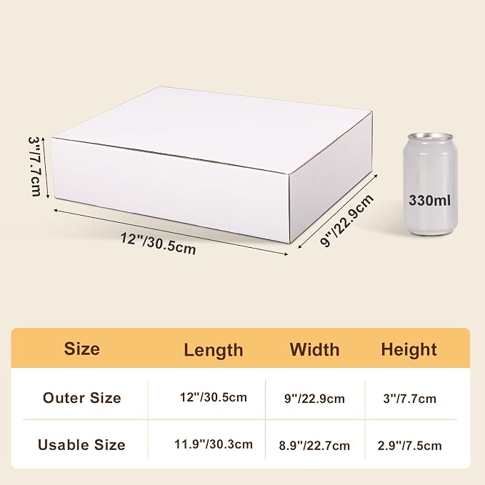 CRUGLA 12x9x3 White Shipping Boxes, 25 Pack Corrugated Mailer Boxes for Small Business Packaging, Quick Fold Cardboard Mailer with Round Seal Stickers