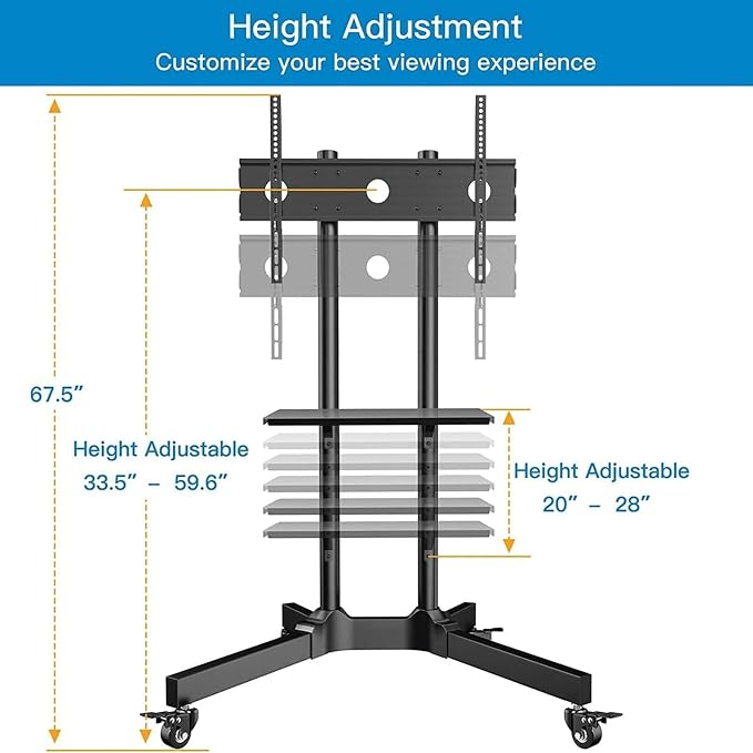 PERLESMITH Rolling TV Stand with Lockable Wheels for 32-86 Inch TVs Holds up to 132 Lbs, Height Adjustable Mobile TV Stand on Wheels with Laptop Shelf, Rolling Tv Cart Max VESA 600x400mm PSTVMC01