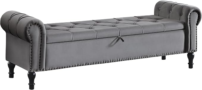 Velvet Storage Bench 67 Inch Upholstered Tufted Ottoman Bench with Rolled Arms Large Storage Space King Size End of Bed Bench for Bedroom Living Room Entryway Grey