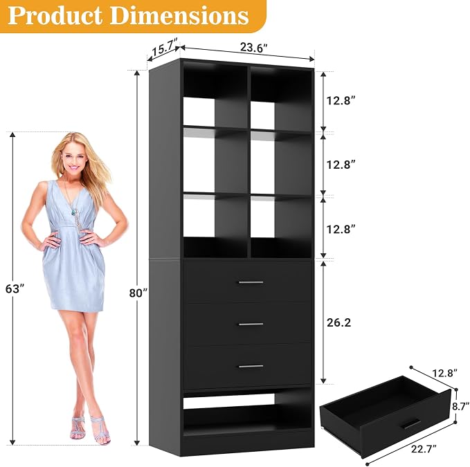 Homieasy Closet System Organizer with 3 Drawers and Partition Storage, Freestanding Wardrobe Organizer Modular with Shoe Shelf, Expandable for Walk-in or Reach-in Closets, Black