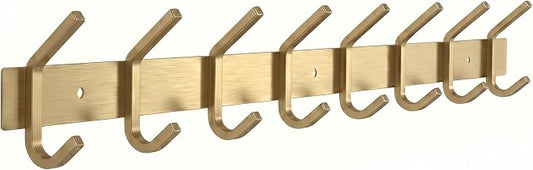 Brushed Gold Wall Mounted Coat Rack – 24 Inch Stainless Steel Rail with 8 Double Coat Hooks for Entryway, Bathroom, Bedroom, Kitchen – Modern Gold Hook Rack for Coats, Hats, Towels