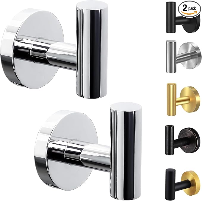 Kruodop Towel Hooks for Bathroom,2 Packs Wall Mount Towel Holder,Black Matte Wall Robe Hook,Stainless Steel Heavy Duty Door Hanger Towel Hook for Kitchen, Bedroom,Hotel,Pool,Coats