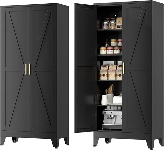 Farmhouse Pantry Cabinet with Barn Doors, 71" H x 31.5" W, 5-Tier Metal Storage Cabinet with 4 Adjustable Shelves for Kitchen Garage Dining Room, Black 1 Pack