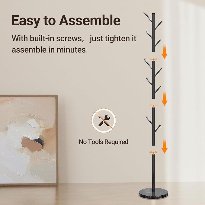 ELYKEN Coat Rack Freestanding, Metal Coat Rack with Natural Marble Base | 10 Hooks, 3 Adjustable Heights, Heavy Duty Coat Tree for Entryway, Hallway, Bedroom, Office, Black