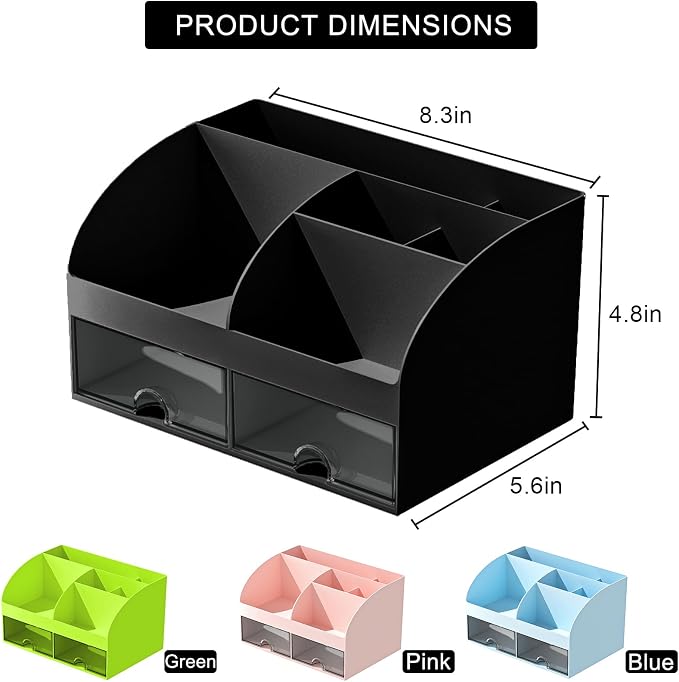 COMFYROOM Desk Organizer with 6 Compartments and 2 Drawers, Plastic Makeup Organizer, Pen Holder for Desktop Storage, Desk Organization for School, Home, Office Supplies (Black)