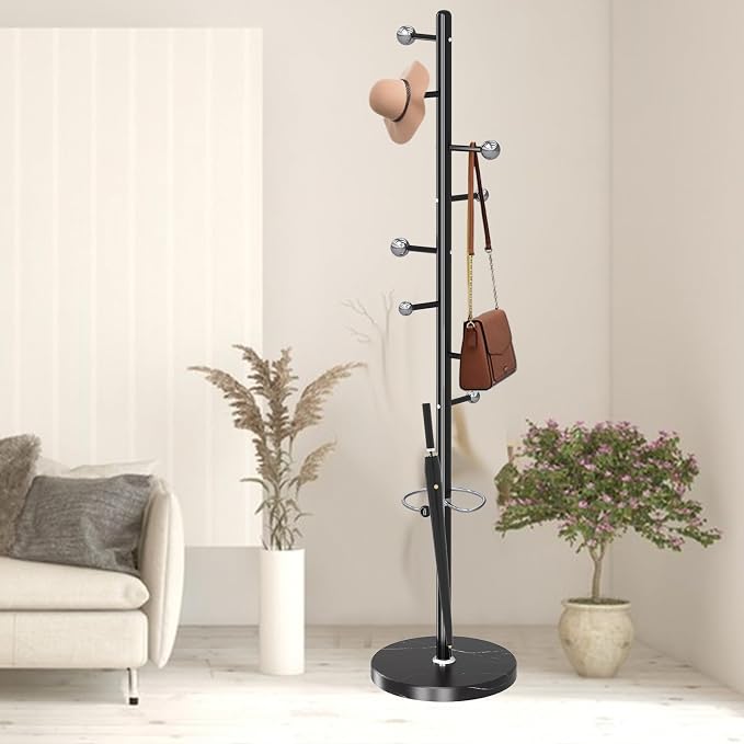 Coat Rack Stand, Black Metal Coat Rack Freestanding with 8 Hooks | Modern Coat Rack with Natural Marble Base,Modern Coat Hanger Stand, 3 Adjustable Coat Clothes Tree Stand for Office