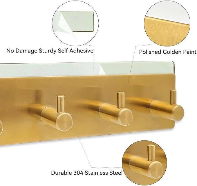 Self Adhesive Key Hook Rack with 4 Hooks for Keys Entryway - Gold