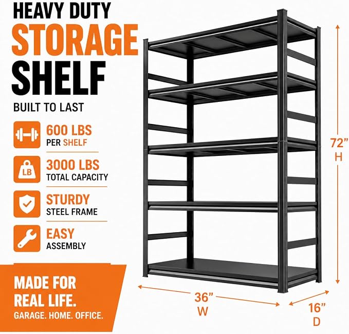 Heavy Duty Garage Shelving 5 Tier Metal Rack, 3000 LBS Adjustable Storage | Boltless steel shelving with double layer posts, for garage, basement, warehouse and kitchen storage, 72"H×36"W×16"D, Black