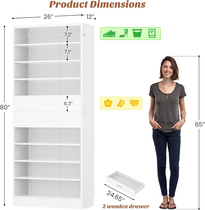 Aheaplus Tall Shoe Cabinet, 10 Tiers Wood Shoe Rack, Vertical Shoe Storage Organizer with 2 Drawers, Narrow Shoe Shelf Tower for 24-28 Pairs, Space Saving, for Closet, Entryway, Bedroom, White
