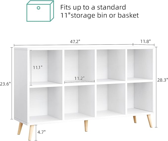 8-Cube Bookshelf 2 Tier Modern Bookcase with Legs, 11in Shelf Opening, 47" Wood Bookshelves Storage Organizer Shelf, Freestanding Open Book Shelves for Bedroom Living Room Office, White