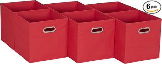 Household Essentials Foldable Fabric Storage Cubes 6-Pack – 11x11x11 Stackable Non-Woven Bins with Chipboard Sides & Grommet Handles – Closet, Shelf, Nursery, or Office Organizer – Regal Red