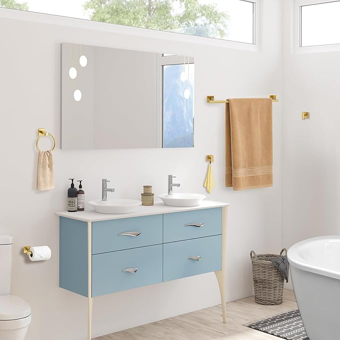 5 Pieces Brushed Gold Bathroom Hardware Set Towel Bar Set Stainless Steel Wall-Mounted Bathroom Accessories Set 23.6 Inch Towel Racks for Bathroom