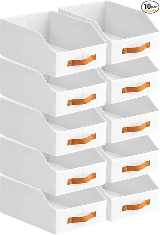 Fabric Storage Bins for Organizing - 10 Pack Large Trapezoid Collapsible Storage Bins with Front Handle, Closet Organizers and Storage for Bedroom, Home Shelves, Small Spaces, White