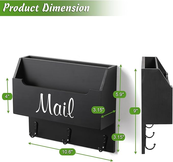 DRASTAR Mail Organizer Wall Mounted, Wooden Mail Sorter & Key Holder for Wall, Hanging Mail Organizer, Black Mail Basket for Home Office