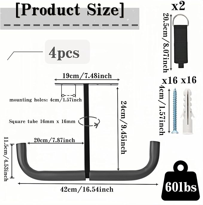 Overhead Garage Storage Hooks, Heavy Duty Double Ceiling Rack for Lumber Ladder Bikes Tires & Other Bulky Items (4)