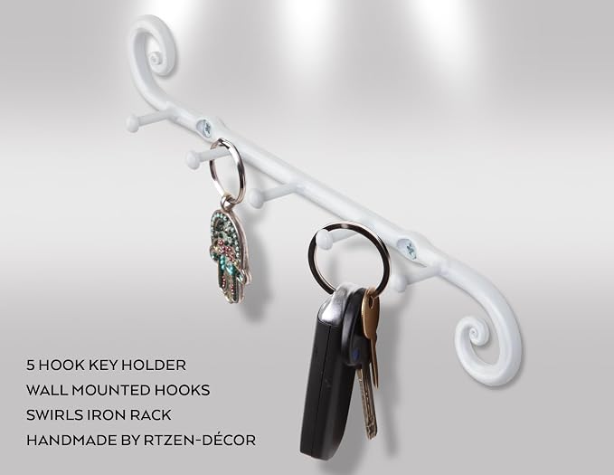 RTZEN Farmhouse Small Key Holder for Wall, Wrought Iron Wall Mount Rack | Handcrafted Swirl Decorative, 5 Key Hooks for Home Entryway, Purse, Coat and Leash Holder or Organizer (Classic White)