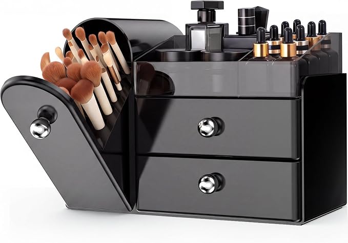 Makeup Organizer,Vanity Organizer with Makeup Brush Holder,Black | Waterproof,Dustproof,Clear Drawer,Large Capacity,Storage Lipstick,Perfumes,Skincare for Dresser,Bathroom Countertop,Desk,Gift