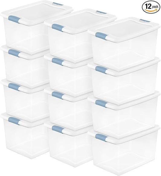 Sterilite 12 Pack Latching Box, Under Bed Storage Bins with Lids, Clear Plastic, 64 Quart - Heavy-Duty Organizing Containers for Closet, Bathroom, and Office | Heavy-Duty and Stackable Plastic Containers with Latches for Closet, Cabinet, Bedroom, Bathr...