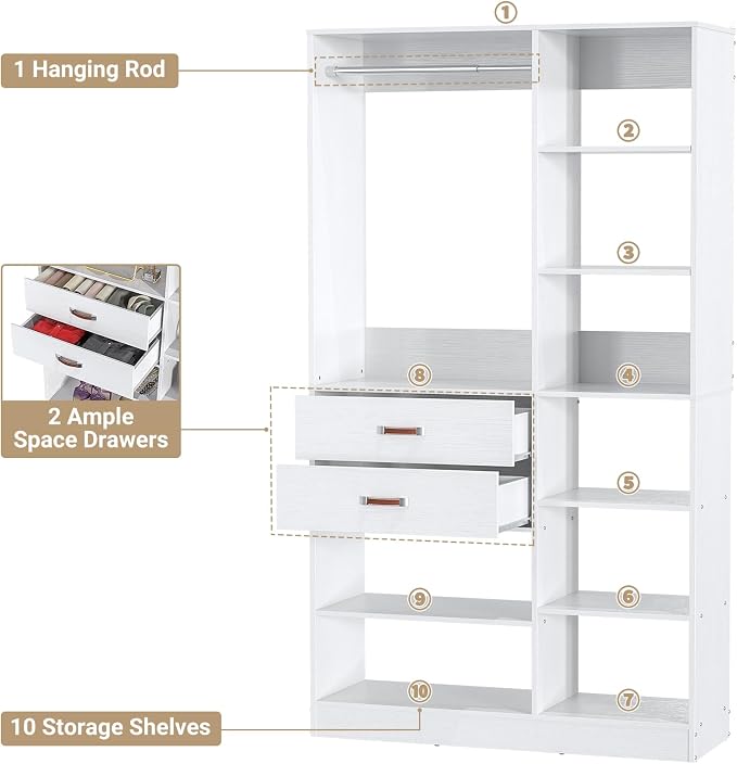Freestanding Closet System, 40 Inches Stand-Alone Wardrobe with 10 Shelves, 80'' Height Adjustable Cloth Garment Rack with 2 Wood Drawers, Wood Walk-in Closet with Hanging Rod, White