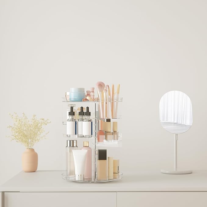 Rotating Makeup Organizer, DIY 8 Adjustable Layers Spinning Skincare Storage, Cosmetic Display Case with Brush Holder and Perfume Tray, Multi-Function Vanity Bathroom Countertop Organizer Clear