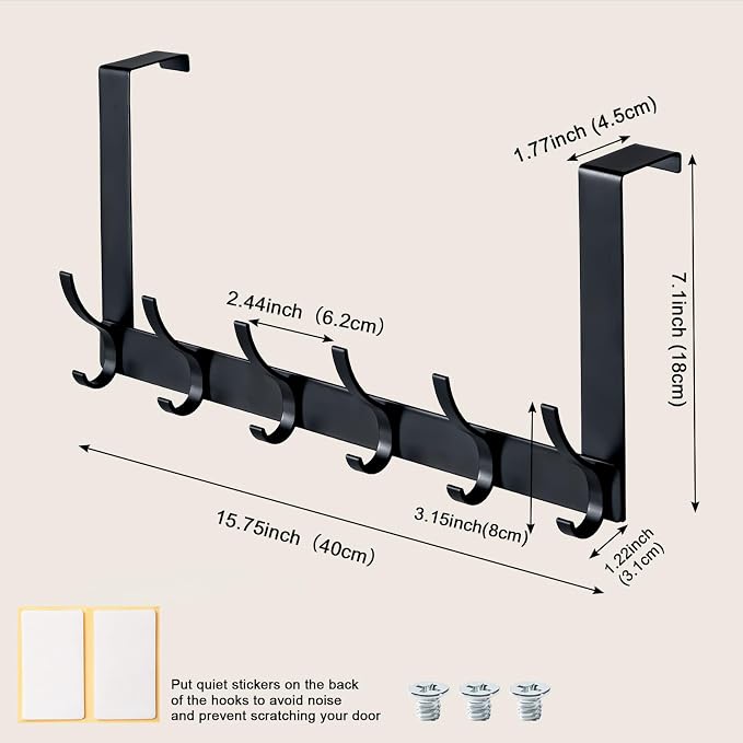 Over The Door Hooks,Door Hanger Hooks for Hanging (Black, Fit 1-3/4" Doors) | Sturdy Door Hanger,Towel Racks for Bathroom with 12 Coat Hook,Coat Rack,Large Over The Door for Bathroom,Bedroom,Kitchen ﻿