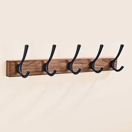 17.3" Small Walnut Wood Coat Rack Wall Mount with 5 Hooks, Heavy Duty Wooden Jacket Hanger Door Mounted for Decorative Entryway and Bathroom Hanging Towel Backpack Purse Clothes Hat Key