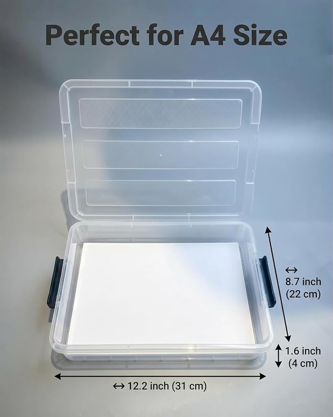 EOENVIVS 4-Pack Transparent Flat Storage Bins with Lids Dual Color Buckle Stackable Storage Boxes, Clear Sensory Organizer Boxes for A4 Files Stationery Office Home Apartment Storage