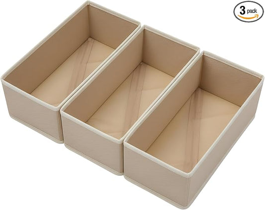 Bructhun Sock Drawer Organizer 3 Pack - Collapsible Fabric Storage Bins for Underwear Divider, Small Closet Organizers with 3 Compartments, Khaki