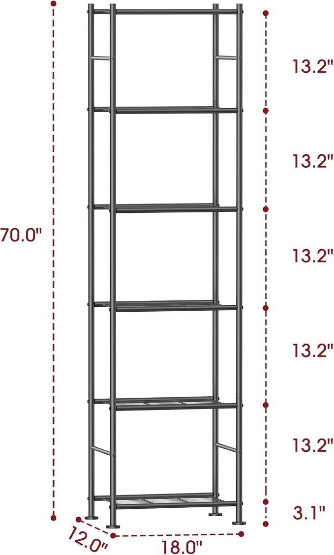 Sakugi Storage Shelves - 6 Tier Shelf Organizer, Sturdy Metal Garage Shelving with Adjustable Leveling Feet, Space-Saving Shelves Organizer for Pantry, Laundry, Kitchen (18" x 12" x 70", Black)
