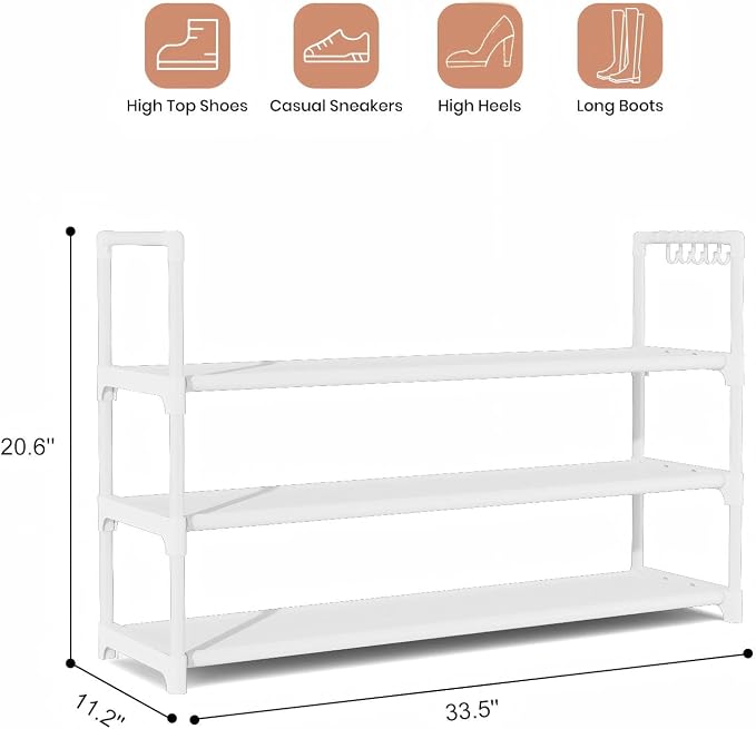 VILICK Shoe Rack for Closet Shoe Organizer Space Saver Storage for 12-15 Pair Shoe Shelf with Hook Free Standing 3 Tier Shoe Rack Organizer for Entryway, Small Spaces, White