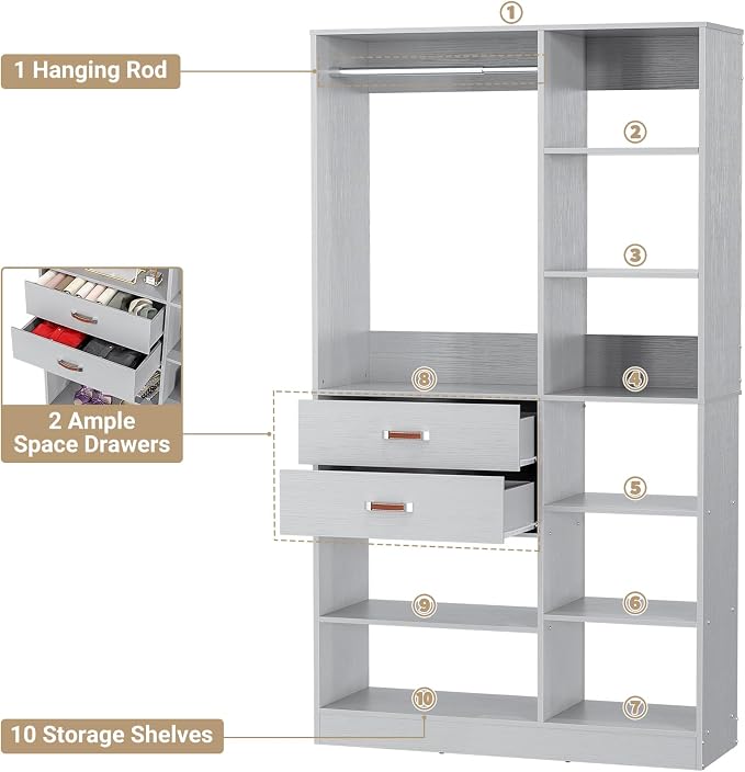 Freestanding Closet System, 40 Inches Stand-Alone Wardrobe with 10 Shelves, 80'' Height Adjustable Cloth Garment Rack with 2 Wood Drawers, Wood Walk-in Closet with Hanging Rod, Grey