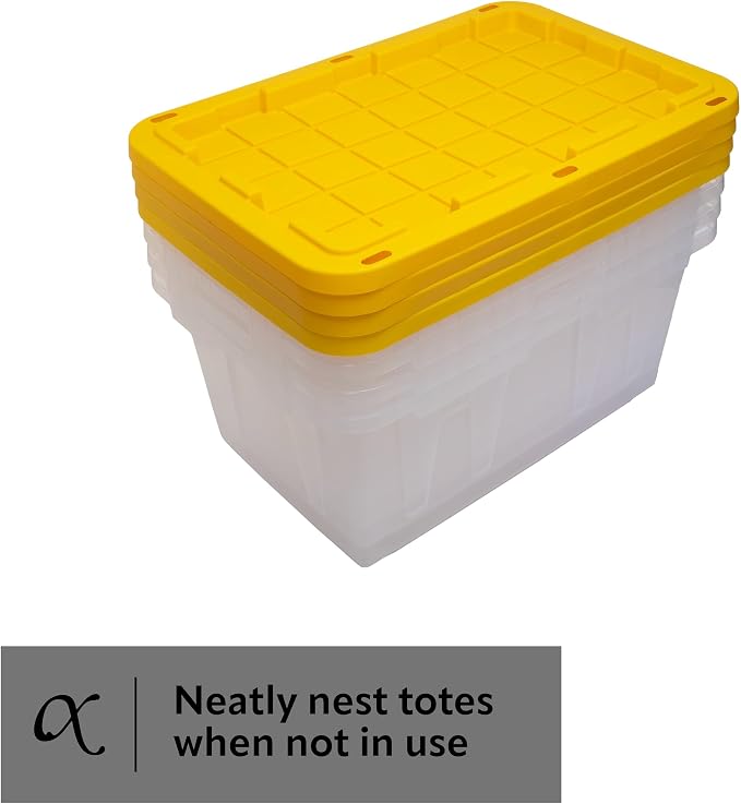 CX 27-Gallon Heavy Duty Clear Stackable Storage Bins with Lids, 4 Pack | Clear plastic totes for garage organization, Stackable, weather-resistant, snap lids, 14.3H x 20.6W x 30.6D, Clear/Yellow