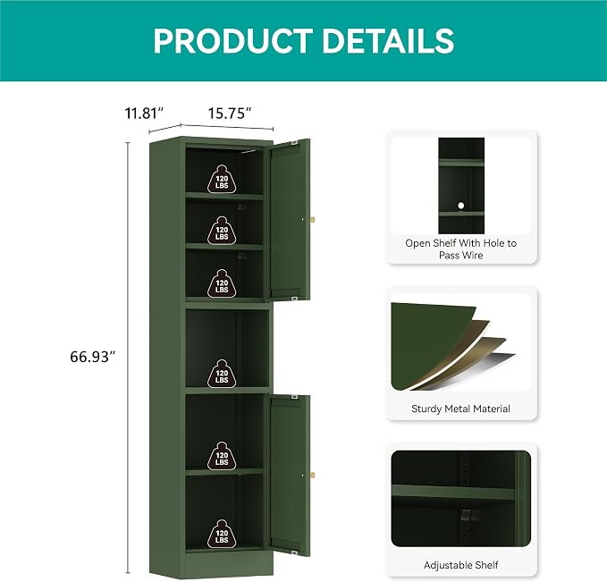 67" Tall Narrow Storage Cabinet with Doors and Open Shelf,Metal Pantry Cabinet,Shaker Style Slim Cabinet with Adjustable Shelves,for Bathroom Kitchen Laundry Small Spaces,Forest Green,1Pc
