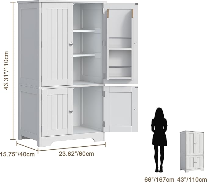 ChooChoo 43" H Pantry Cabinet with 4 Doors & 4 Door Shelves | Kitchen Cabinet, Kitchen Pantry Storage Cabinet for Living Room, for Dining Room, Bathroom, White
