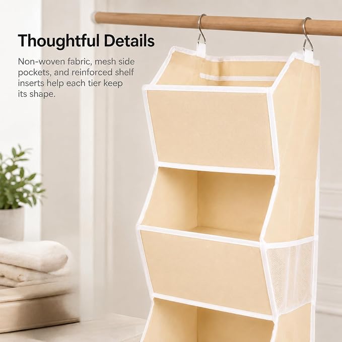 4-Shelf Hanging Closet Organizer and Storage, Fabric Storage Bins Bedroom Organization with Mesh Pockets, Collapsible Hanging Shelves Wardrobe Organization for Home, Dorm, Rv (Beige)