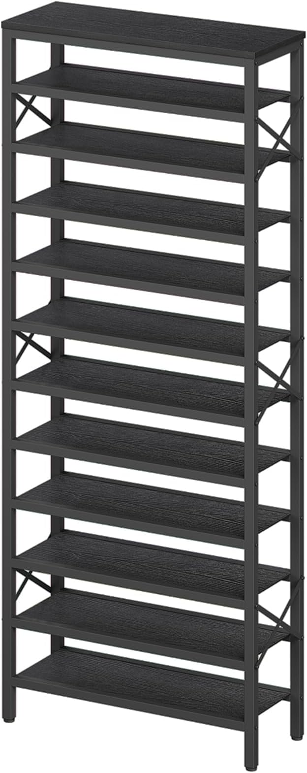 12-Tier Tall Shoe Rack Organizer, Wooden Shoe Storage for Closet Holds 48 Pairs, Sturdy Shoe Shelf with X-Shaped Metal Support, for Entryway, Bedroom, Black SS212BB