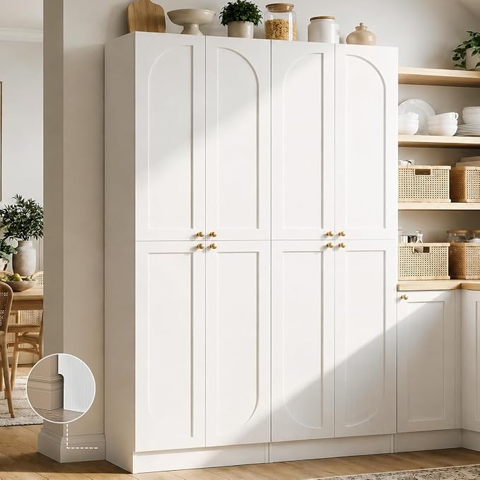 Cyclysio 80" Kitchen Pantry, Extra Tall Arch Storage Cabinet with 8 Soft Close Doors and Adjustable Shelves, Freestanding Wood Cupboard with Seamless Fit Wall for Dining Living Room Bathroom Furniture