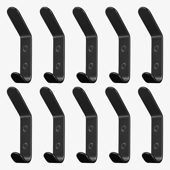 Wall Coat Hook Rack - Set of 10 - Black Metal Hooks for Hanging Coats - Hat Hooks - Hat Hangers for Wall