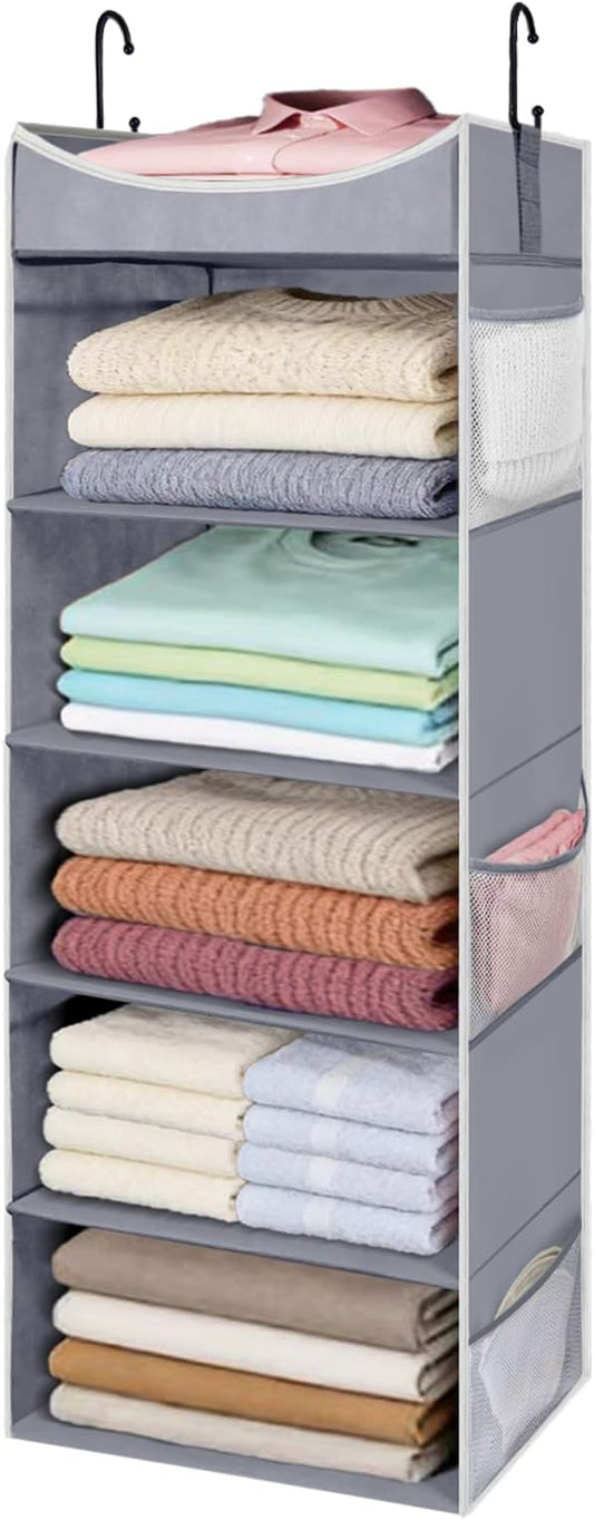 5-Shelf Hanging Closet Organizer and Storage with 6 Side Pockets, Collapsible Closet Hanging Shelves for Storage, Grey