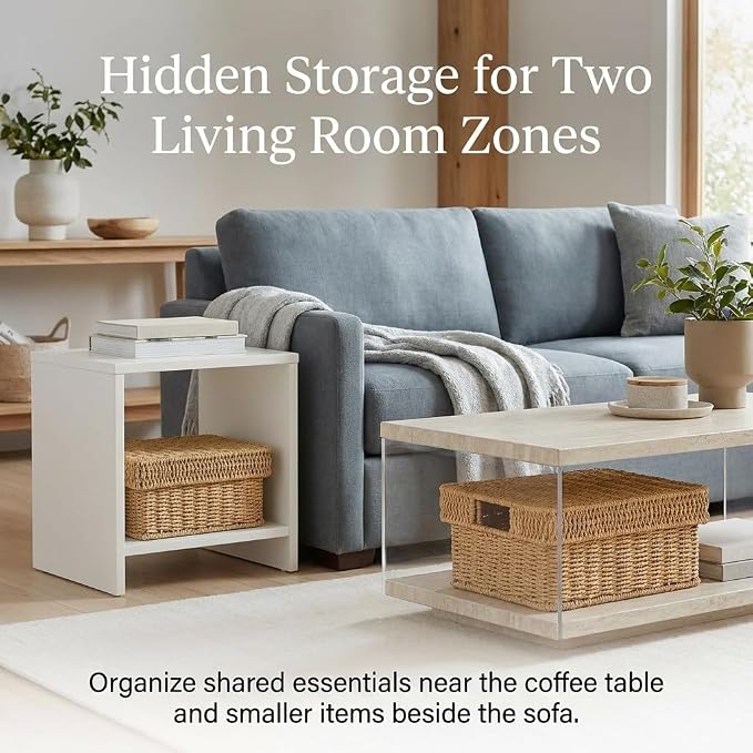 Wicker Storage Baskets with Lids for Shelves, 2-Basket Set, Natural | Two rectangular wicker baskets with removable lids, large and medium, for decorative shelf storage; lids flip into trays.
