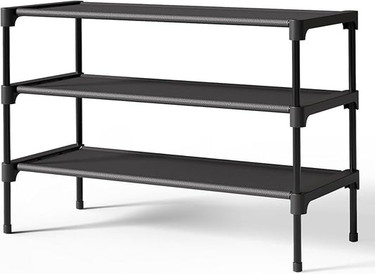 Kitsure Shoe Rack - Non-Woven Shoe Rack Shelf, 27.5" Wide - 3 Tier, Black | Shoe Organizer for Closet, Entryway, Garage, Stackable Shoe Shelves, college dorm&apartment essentials