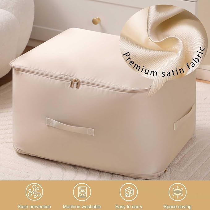 Comforter Storage Bag, Bedding & Blanket Self Compression Storage Organizer | Compression Storage Bag for Blanket Storage, 3-Layer Thick Satin Fabric Heavy Duty Bags for Pillow Duvet (Beige, XL, 2PCS)