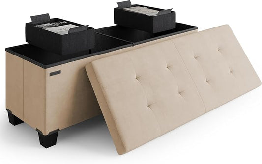 Storage Ottoman Bench with Bins, 43-in Storage Bench for Bedroom End of Bed, Folding Foot Rest Ottoman for Living Room Max 660lbs, Velvet Ottomans, Taupe